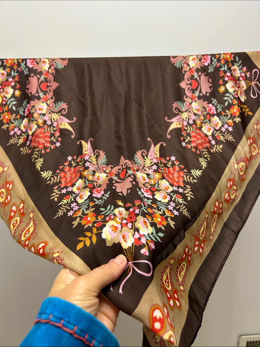 Floral Brown square Scarf with Pink & Red Accents image 2
